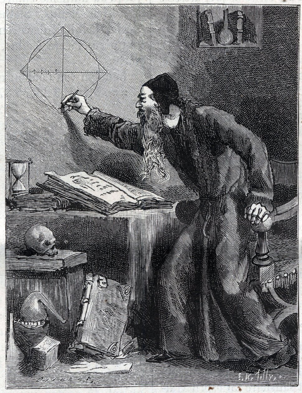 Matemáticas y Geometría: Investigador científico de la cuadratura del círculo en el siglo XVI. Grabado en "La Nature" 1890. Colección privada. de Unknown artist
