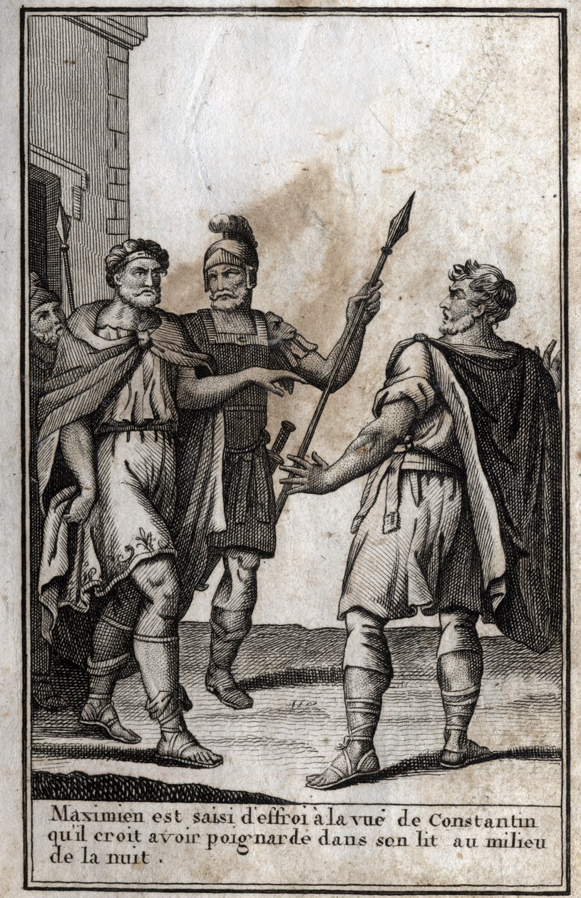 Maximiano Hércules (Marcus Aurelius Valerius Maximianus) (circa 250-310), emperador romano, se llena de miedo al ver a Constantino (Constantino I, Flavius Valerius Aurelius Constantinus, 272-306), su yerno, a quien cree haber apuñalado en su cama de Unknown artist