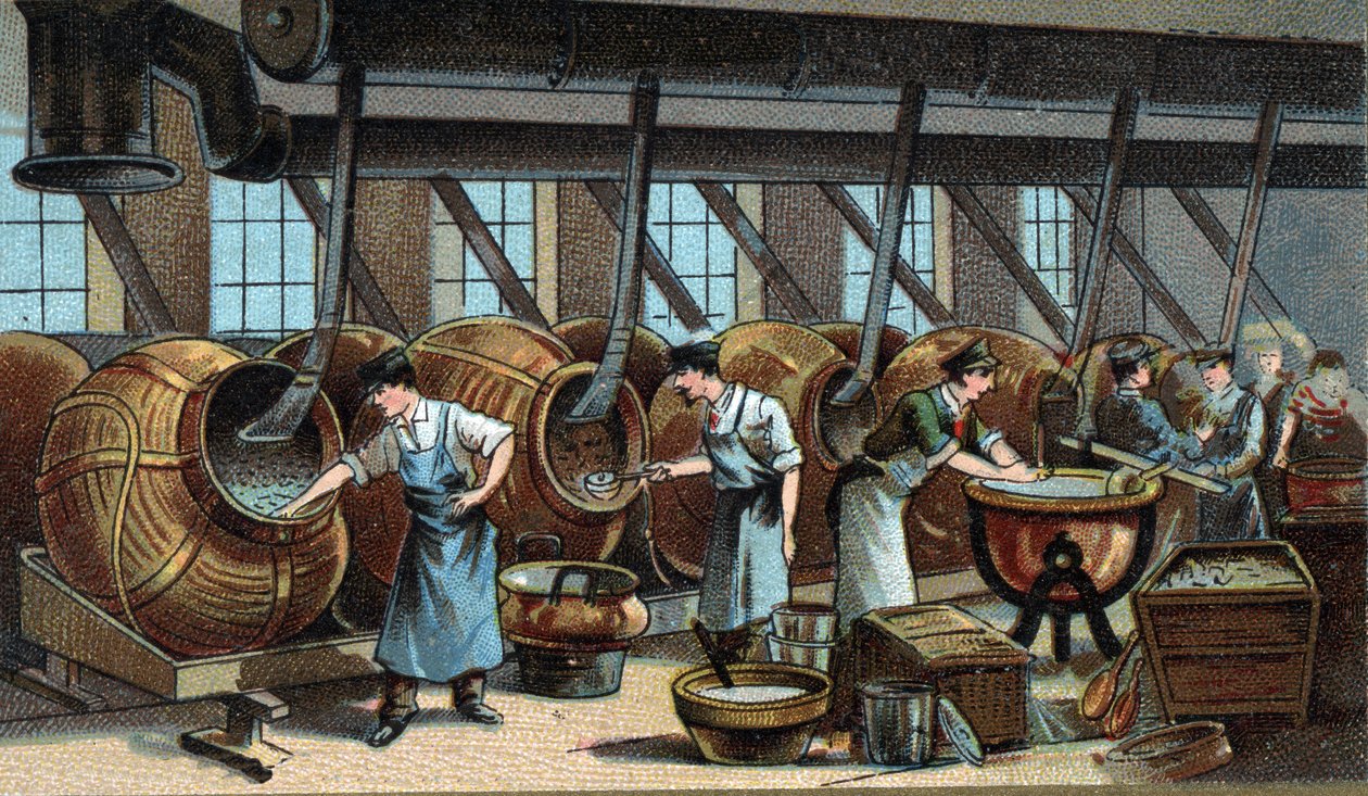 Fabricación mecánica de grageas. Cromolitografía de finales del siglo XIX de Unknown artist