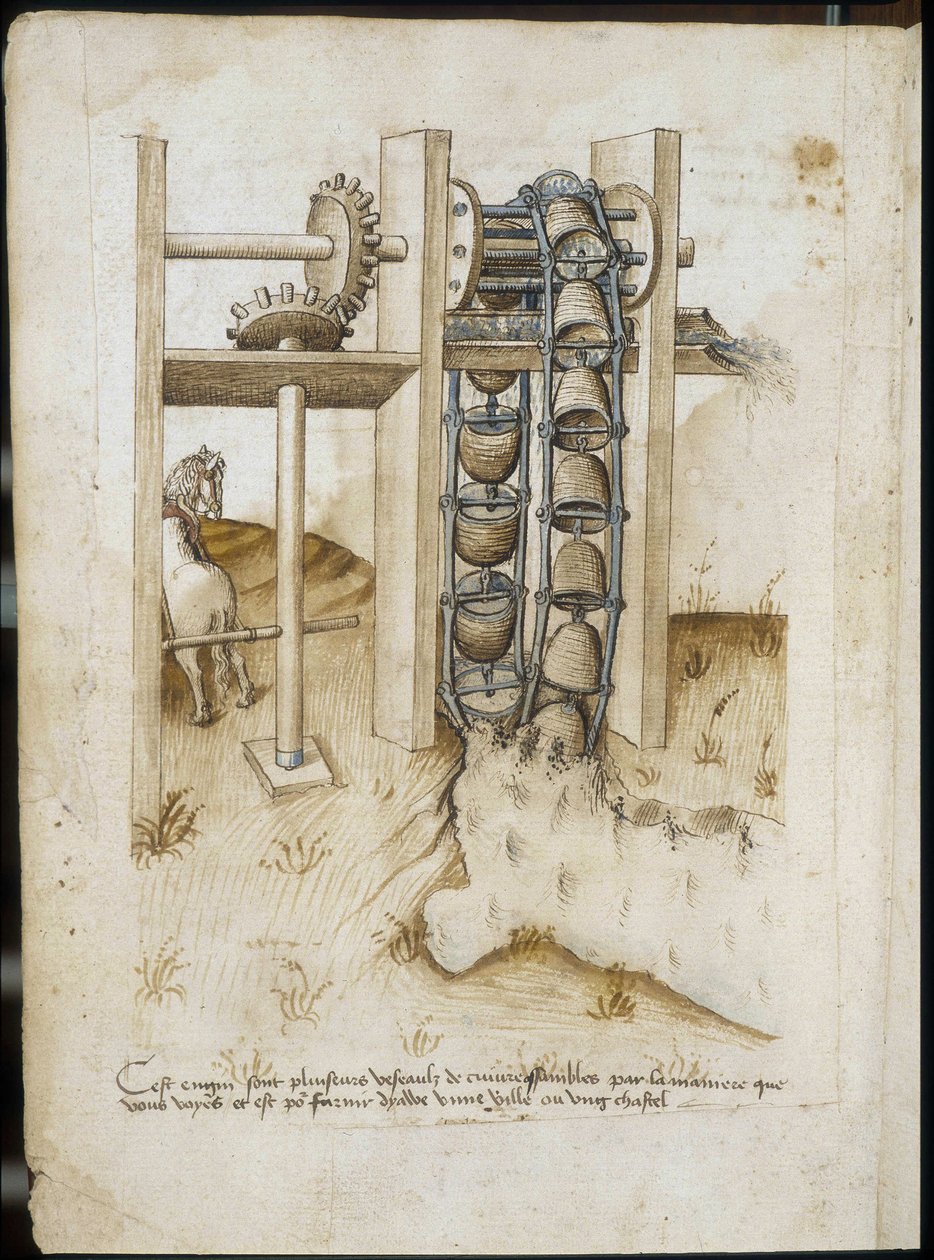 Sistema mecánico con una rueda a la fuerza de un caballo para cavar la tierra - Manuscrito: hoja de pergamino de un manual de ingeniero para la construcción de edificios civiles, religiosos y militares, anónimo, finales del siglo XV (figura en tinta china) de Unknown artist