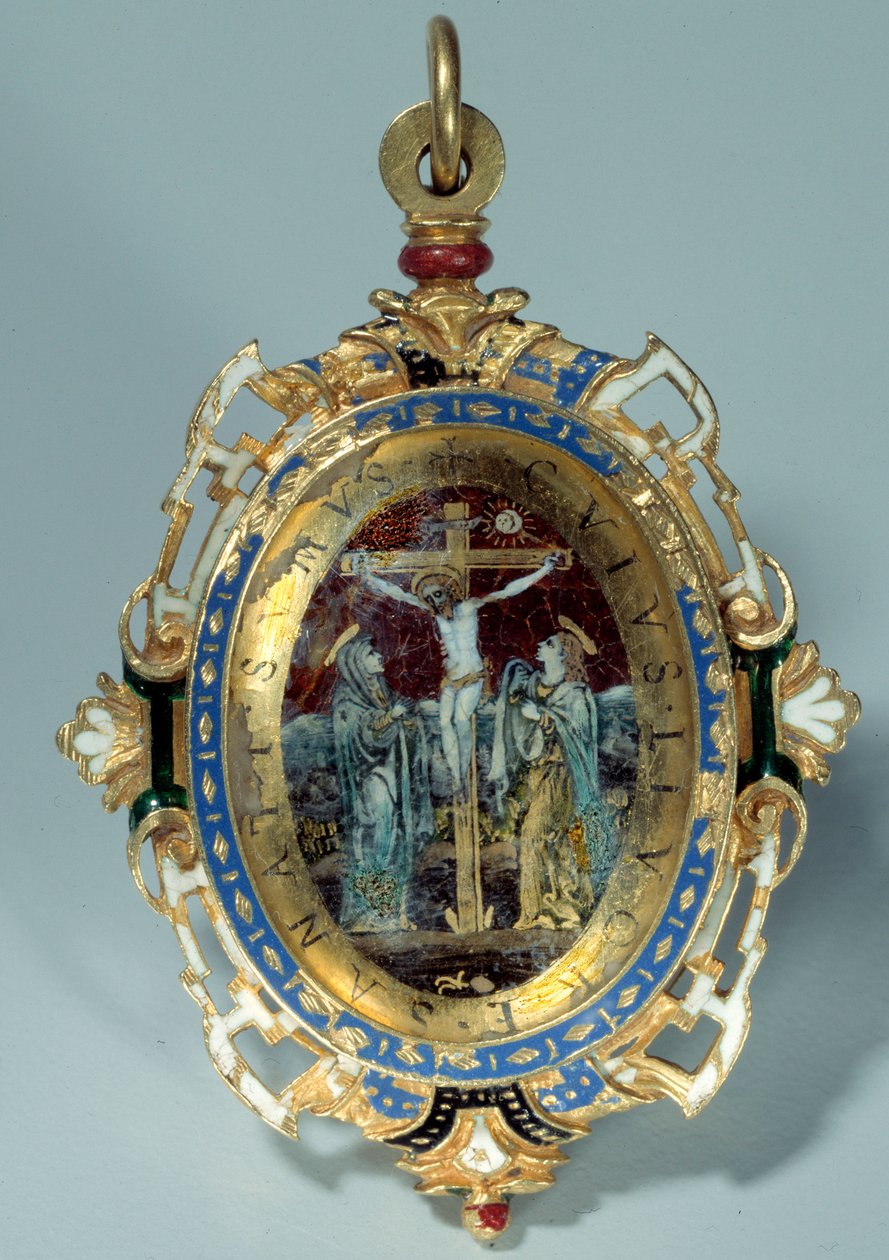 Medallón en esmalte sobre oro redondo decorado con la crucifixión y la huida a Egipto. Principios del siglo XVI. París. Museo del Louvre de Unknown artist