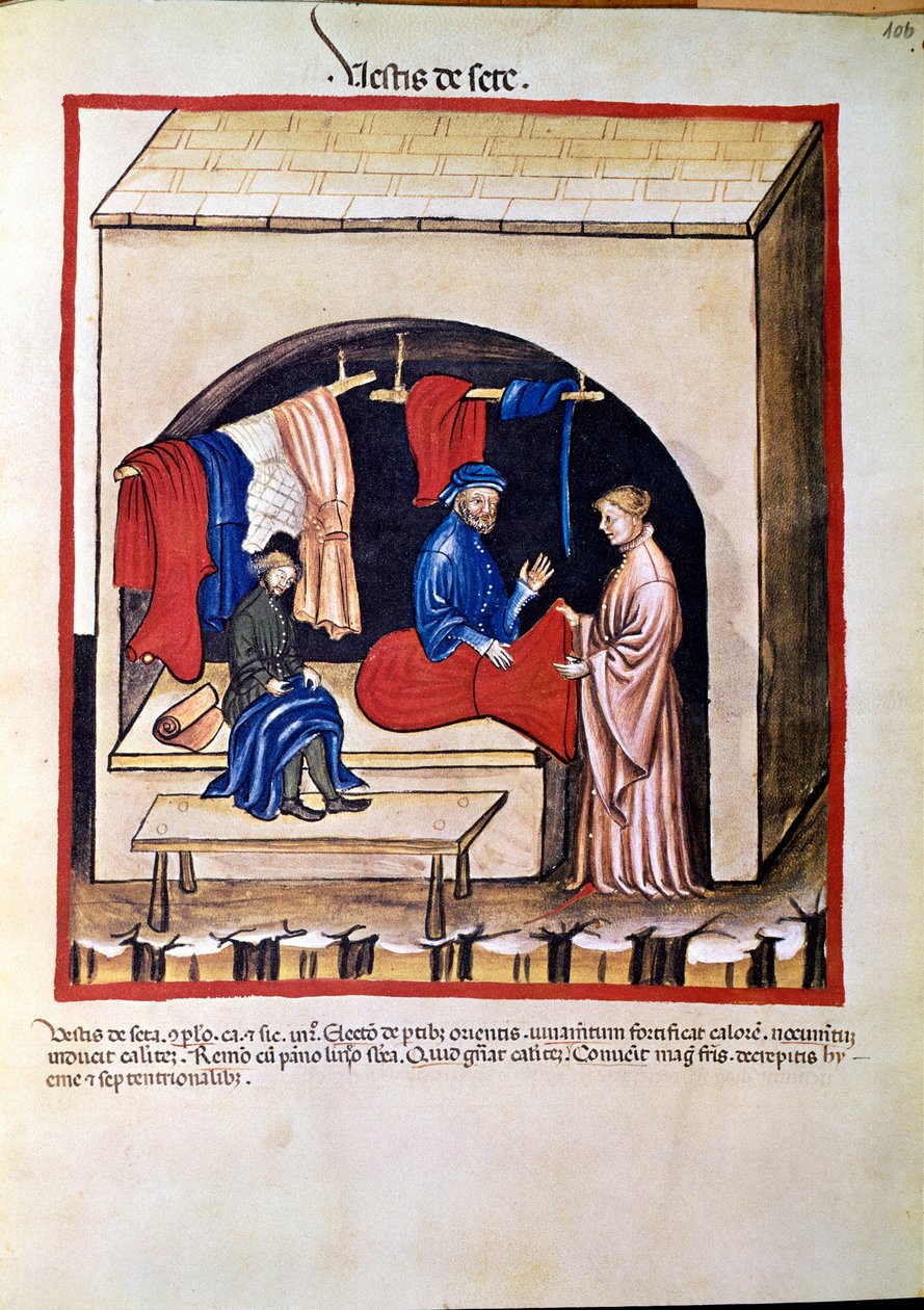 Comercio de medicina: "comerciante de ropa de seda". Página tomada de "Tacuinum sanitatis" (Cod. ser. nov. 2644) Alrededor de 1400. Viena, Biblioteca Nacional de Austria de Unknown artist