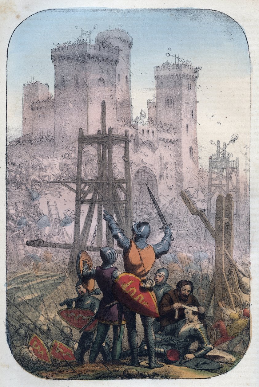 Vida medieval - Ataque y defensa de un castillo - grabado de 