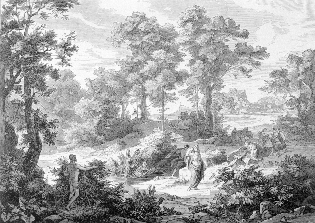 Encuentro entre Ulises que estaba acostado cerca de un río y Nausicaa. Grabado de finales del siglo XIX. de Unknown artist