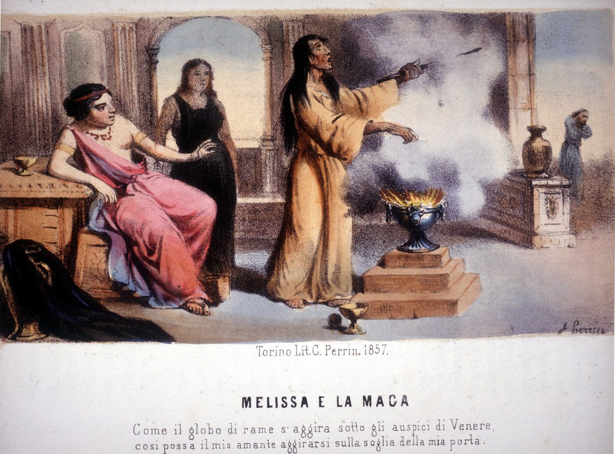 Melissa y la hechicera: "De la misma manera que la esfera de cobre está influenciada por Venus, que mi amante pueda presentarse en el umbral de mi puerta". 1857. de Unknown artist