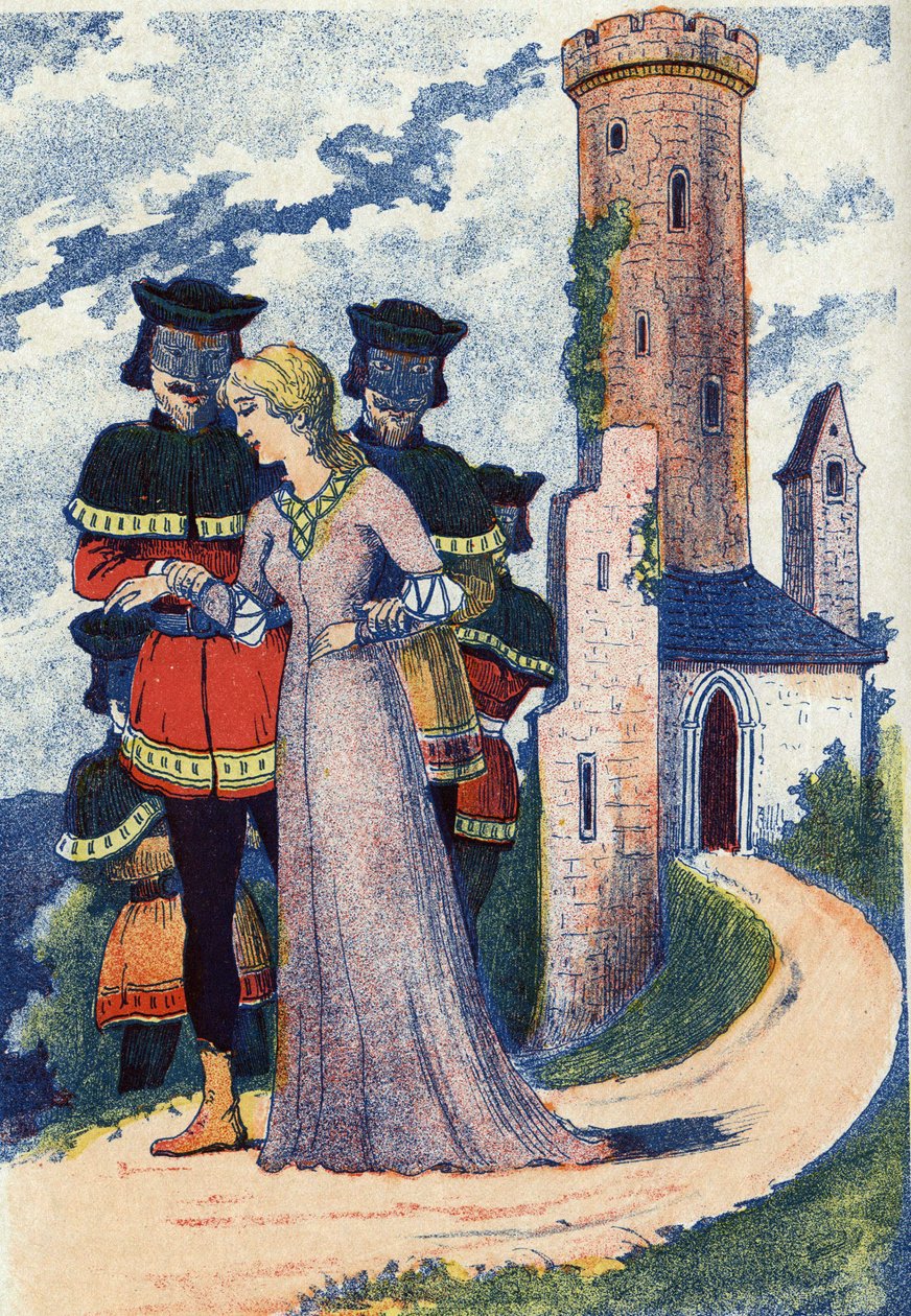 Los hombres enmascarados entrenan a la princesa. Ilustración anónima para el cuento "El pájaro azul", cuento de Madame d
