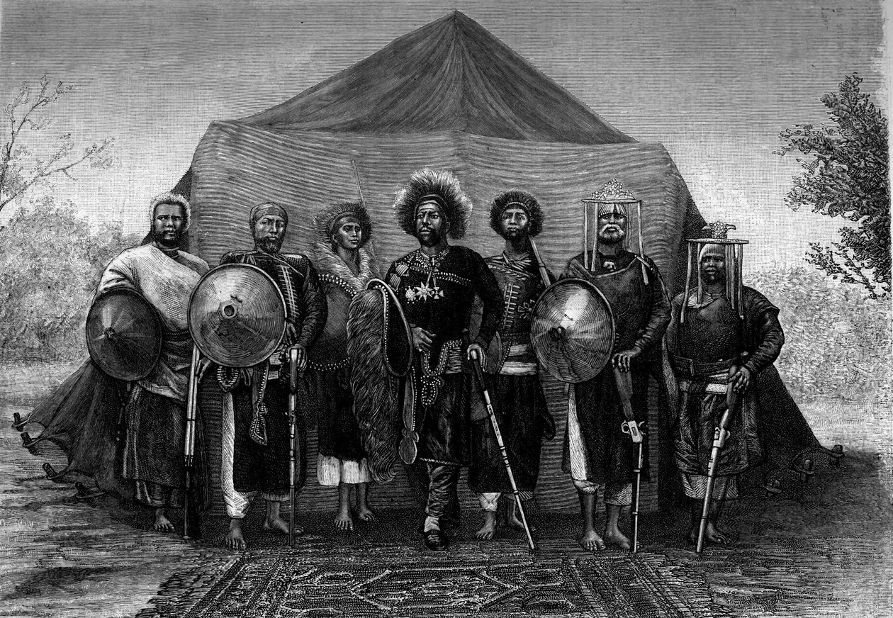 Menelik II (1844-1913), Rey de Etiopía, rodeado de sus jefes militares. Grabado en "Le Journal de la jeunesse" de Unknown artist