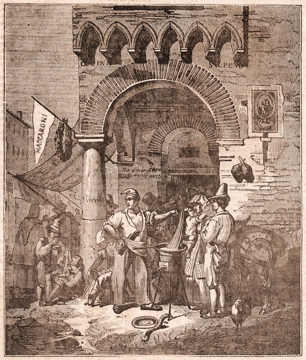 Comerciante cocinando pasta en una cacerola, escena italiana de Unknown artist