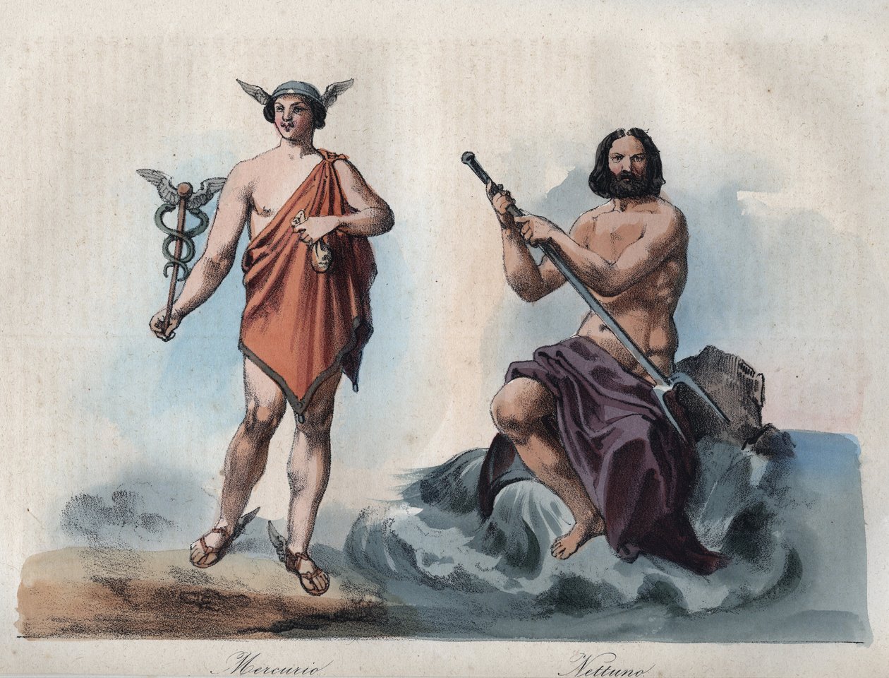 Mercurio (Hermes) y Neptuno (Poseidón) - grabado de “Usi e Costumi di Tutti i Popoli dell