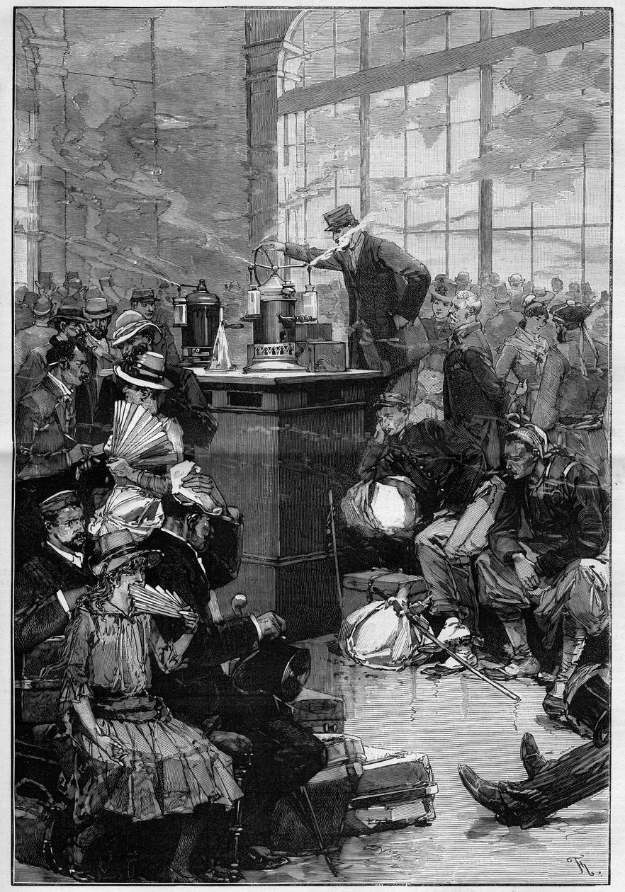 Medidas contra la epidemia de cólera en Toulon: la sala de desinfección de la estación de Lyon, París. Grabado en "Le Monde Illustré" de Unknown artist