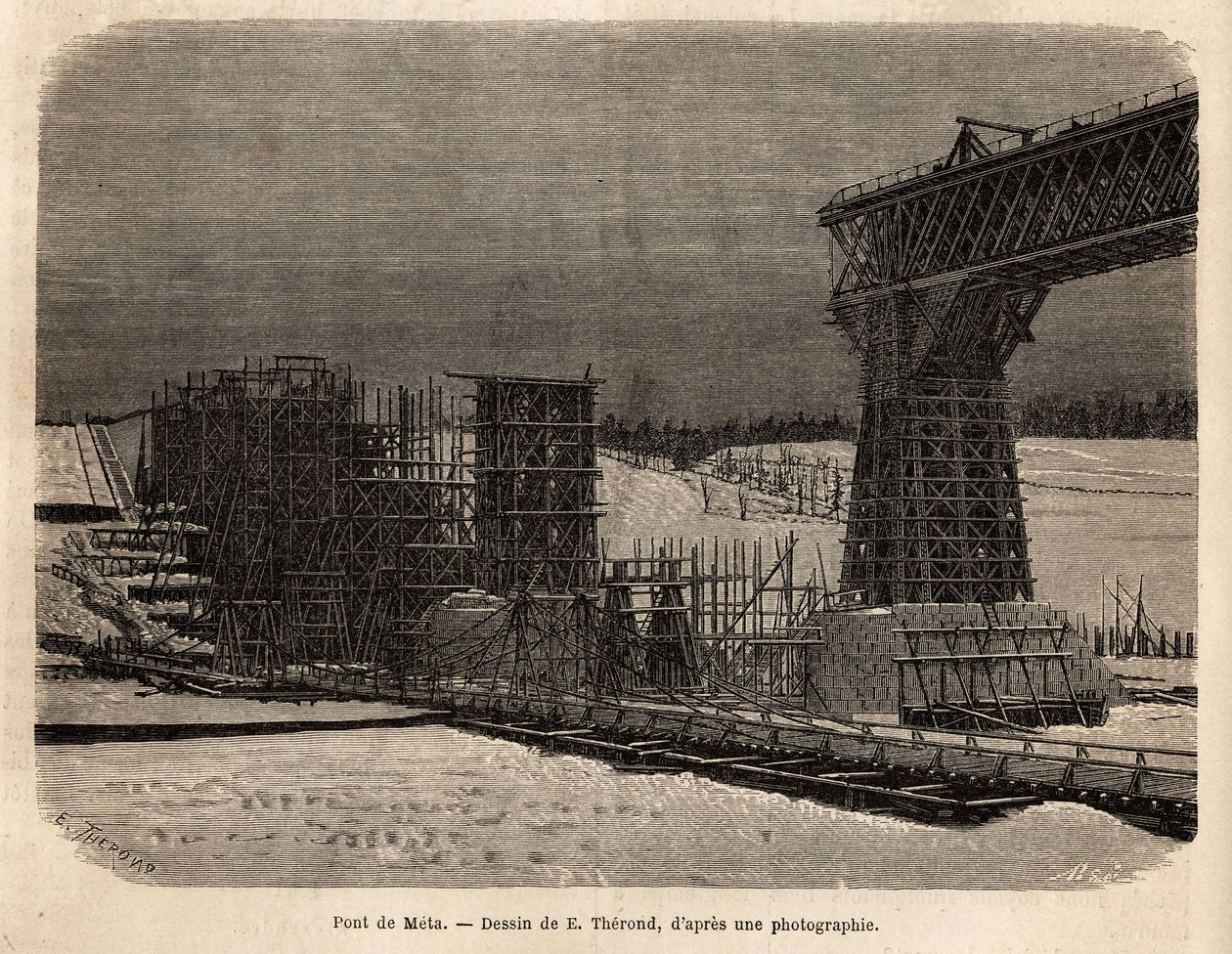 Puente Meta (Ucrania), en construcción. Grabado para ilustrar 