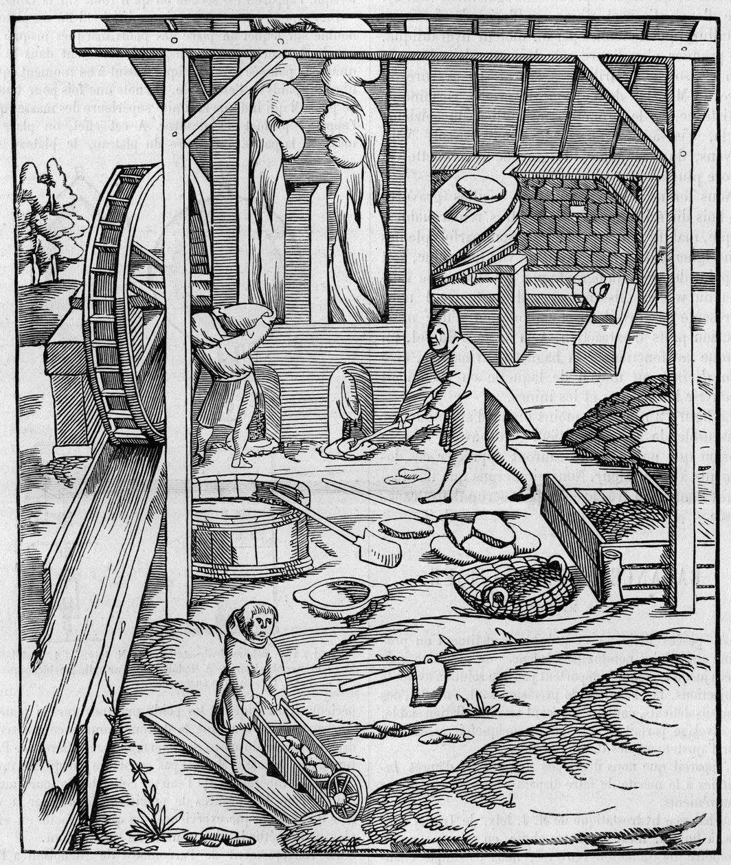 Soplador de horno de metal operado por un motor hidráulico. Facsímil de un grabado publicado en "Cosmographie" (1555) por Sebastien Munster. de Unknown artist