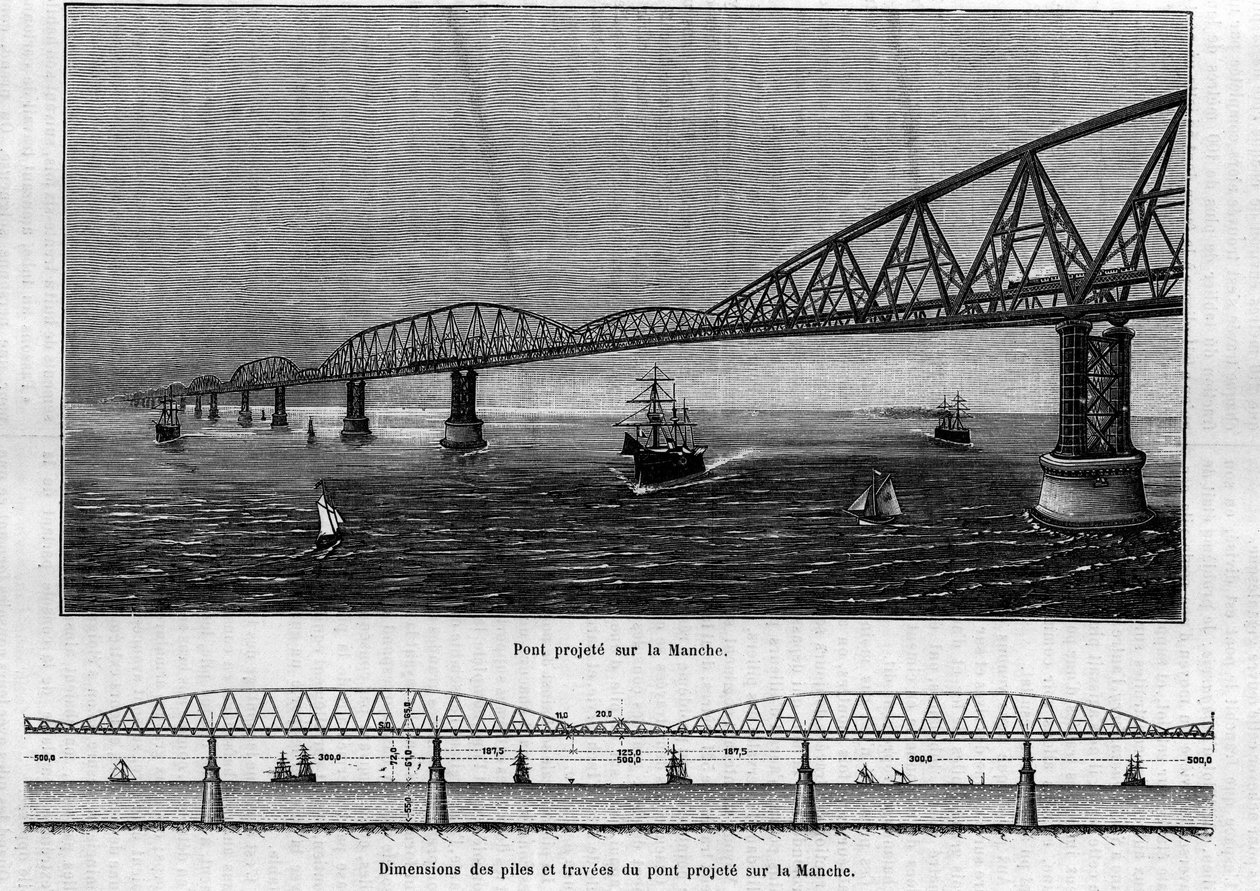 Proyecto de puente metálico sobre el Canal: en la parte superior, el puente una vez terminado; en la parte inferior, las dimensiones de los pilares y travesaños del puente proyectado. Grabado en "El diario de la juventud" de Unknown artist