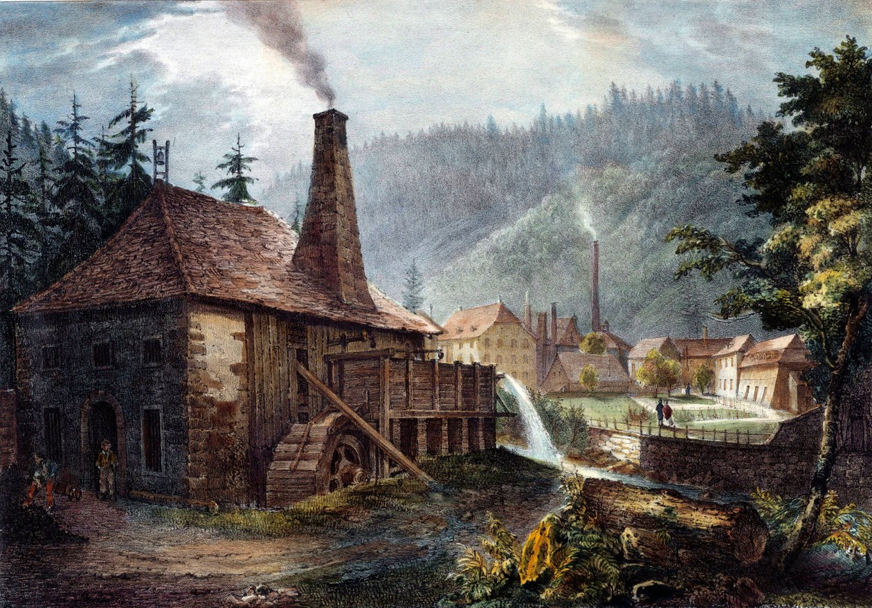 Metalurgia: Vista de las forjas de Framont. Litografía alrededor de 1850. Nancy, museo histórico de Lorena de Unknown artist