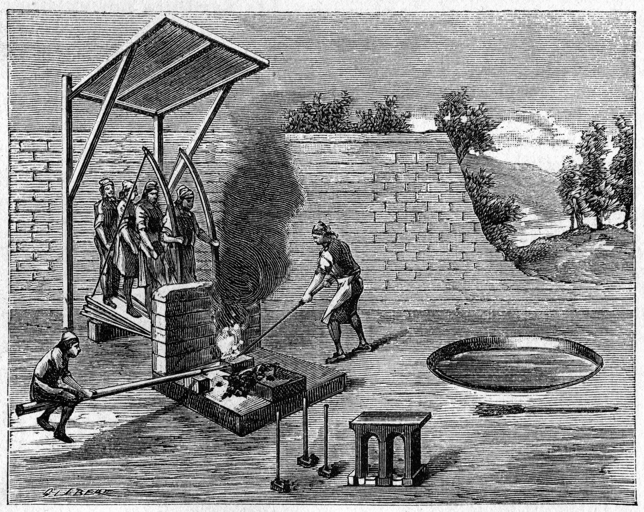 Metalurgia en el siglo XVIII: hogar desmontable para herreros ambulantes. Grabado en "La Nature: revue des sciences et de leurs aplicaciones aux arts et a l