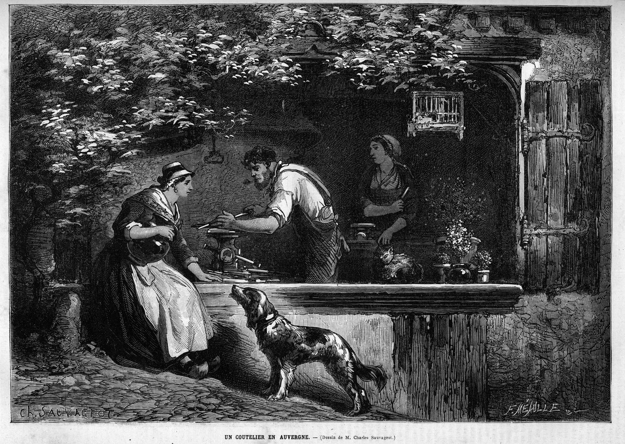 Oficio y artesano: un cuchillero en Auvernia. Grabado en "Le Monde illustré" 1883. Colección privada. de Unknown artist