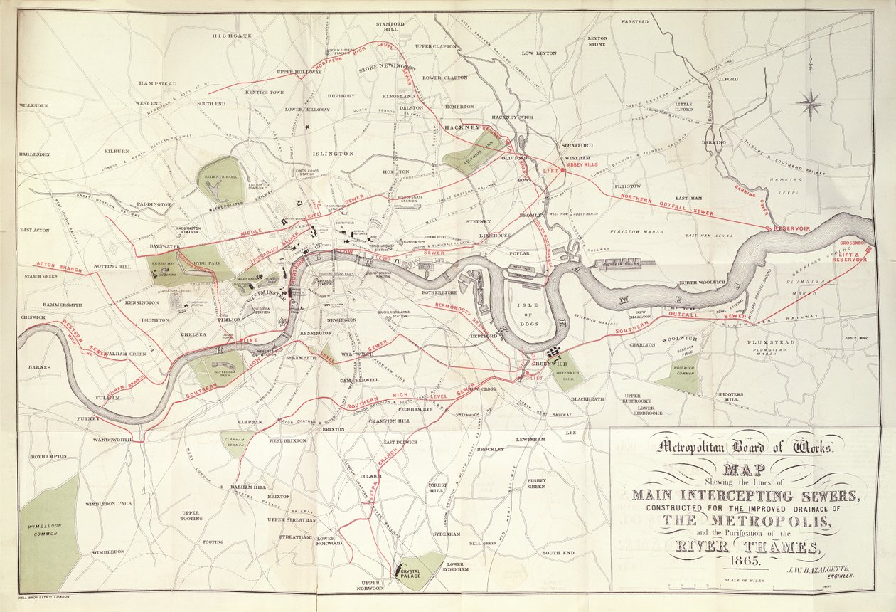 Plano de la Junta Metropolitana de Obras del plan de Bazalgette para las líneas de alcantarillas interceptoras principales, construidas para mejorar el drenaje de la metrópolis. de Unknown artist