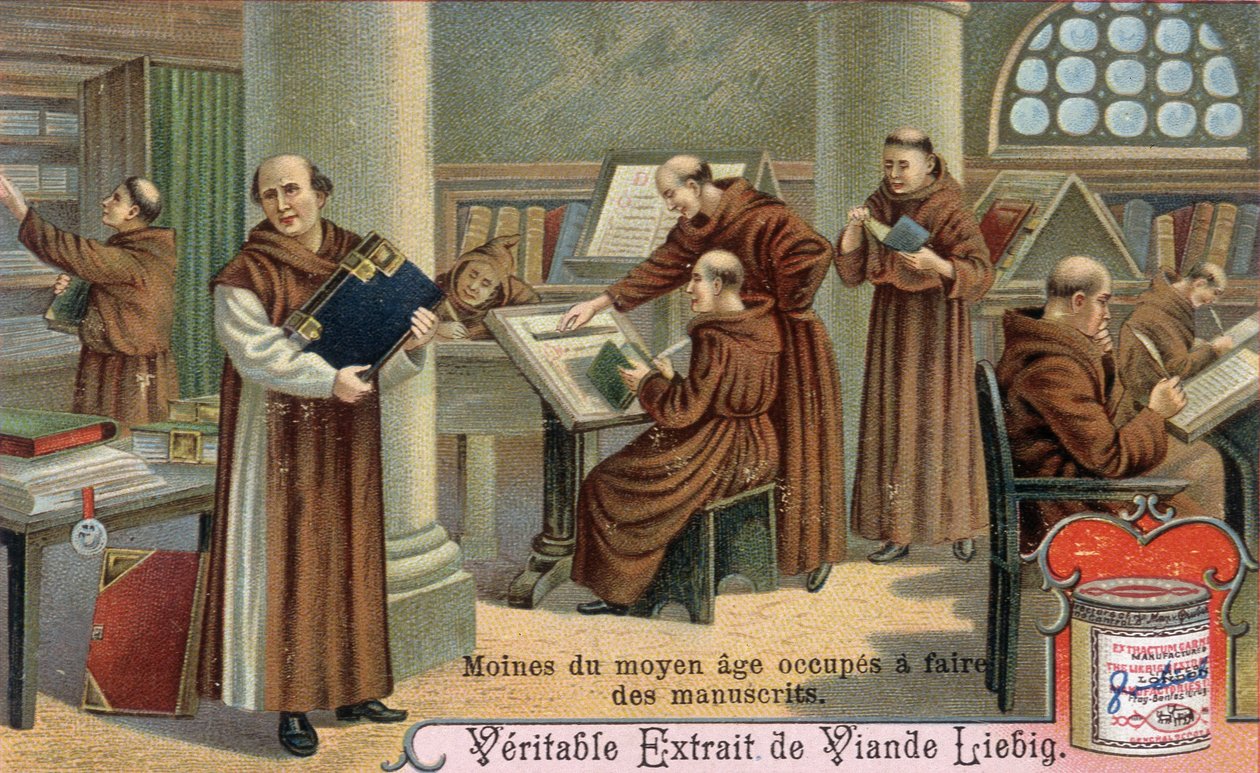Monje de la Edad Media escribiendo manuscritos. Cromolitografía, imagen de Liebig de Unknown artist