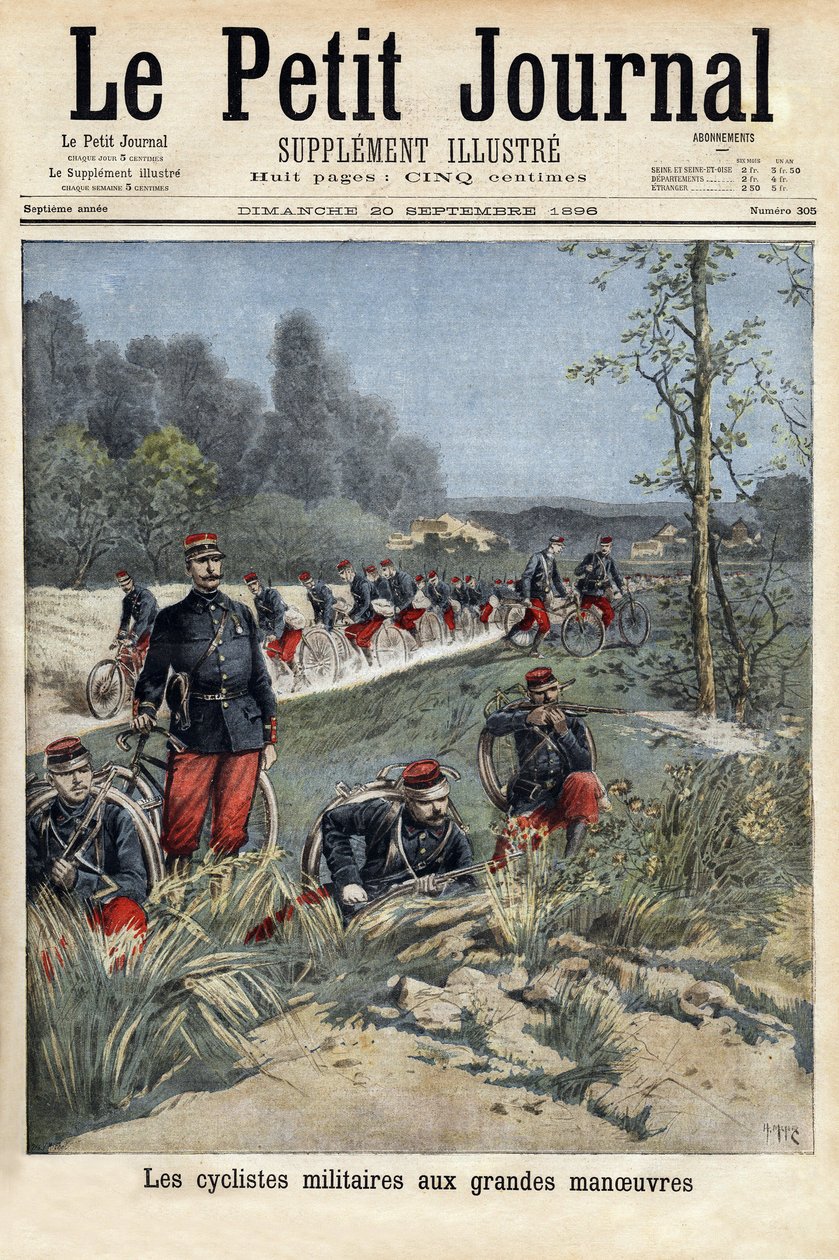 Ciclistas militares en las grandes maniobras. Grabado en "Le petit journal" 20/09/1896. Colección de Selva. de Unknown artist