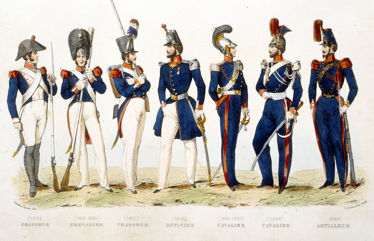 Uniforme militar: cazador (1815), granadero (1815 - 1830), cazador (1830), oficial (1848), jinete (1815 - 1830), jinete (1848), artillero (1848) - en “Fasttes de Gardes nationales de France” de Unknown artist