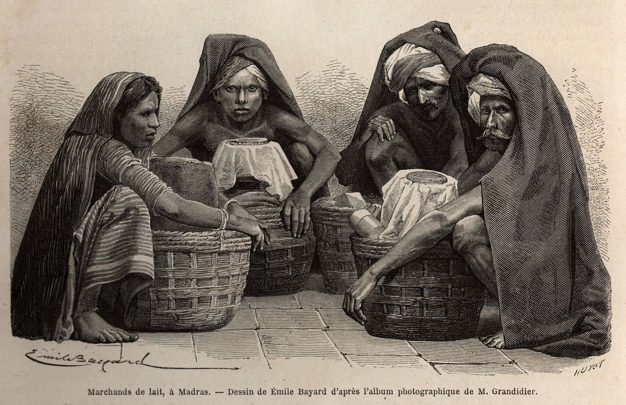 Vendedores de leche, en las calles de Madrás (actual Chennai, Tamil Nadu). Grabado para ilustrar el viaje en las provincias meridionales de la India, por Alfred Grandidier, en 1862-1864, publicado en “Le tour du monde”, bajo la dirección de D