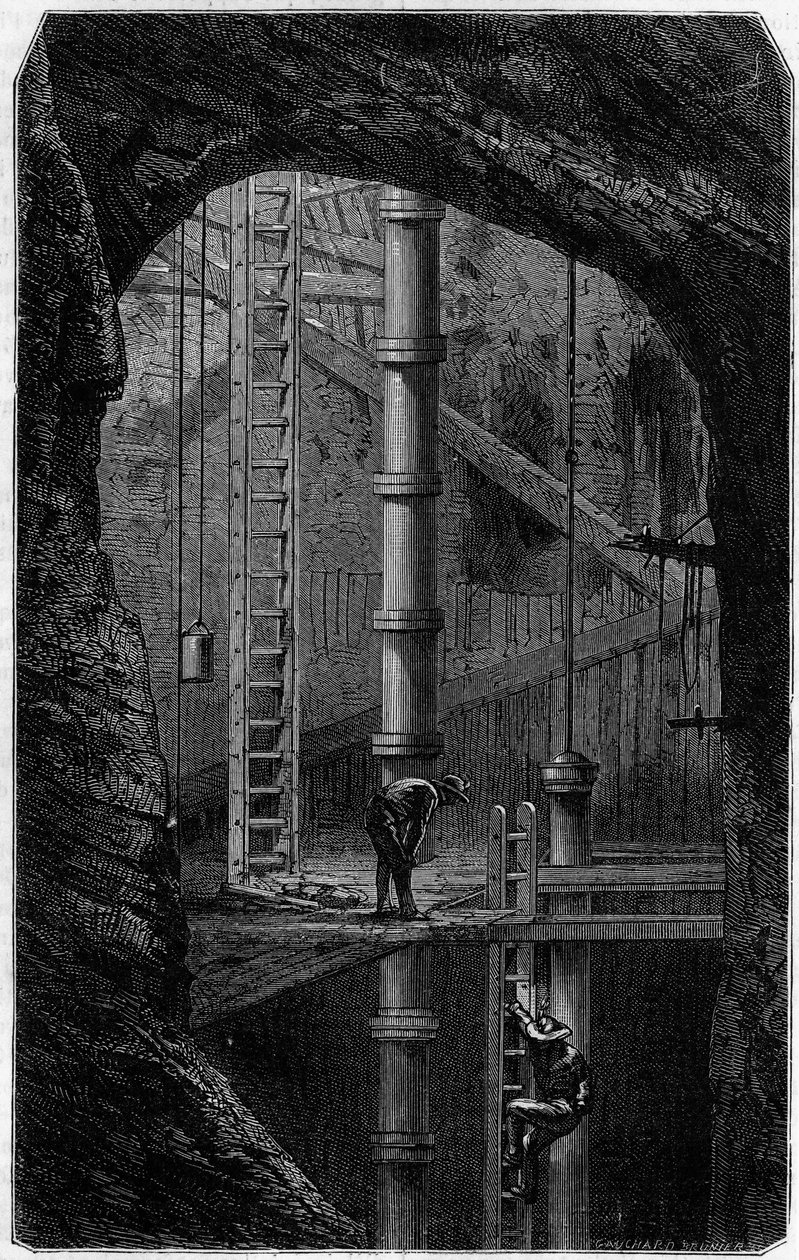 Mineros dentro de una mina de estaño en Cornualles, Inglaterra. Grabado en el diario “La jeunesse” de Unknown artist