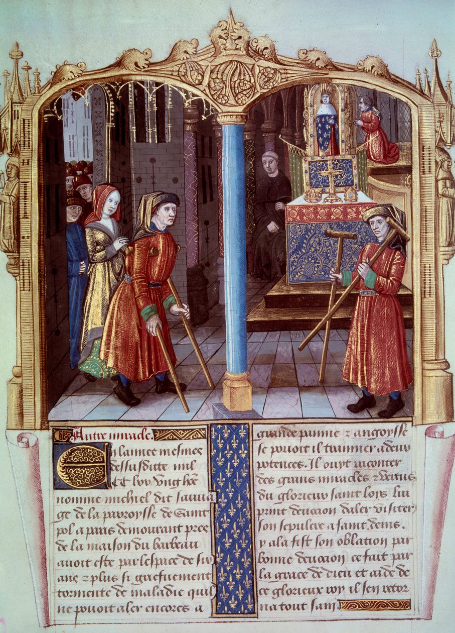 Milagro de San Luis (1214-1270): un guerrero cojo con muletas. Miniatura en Vida y milagros de San Luis de Unknown artist