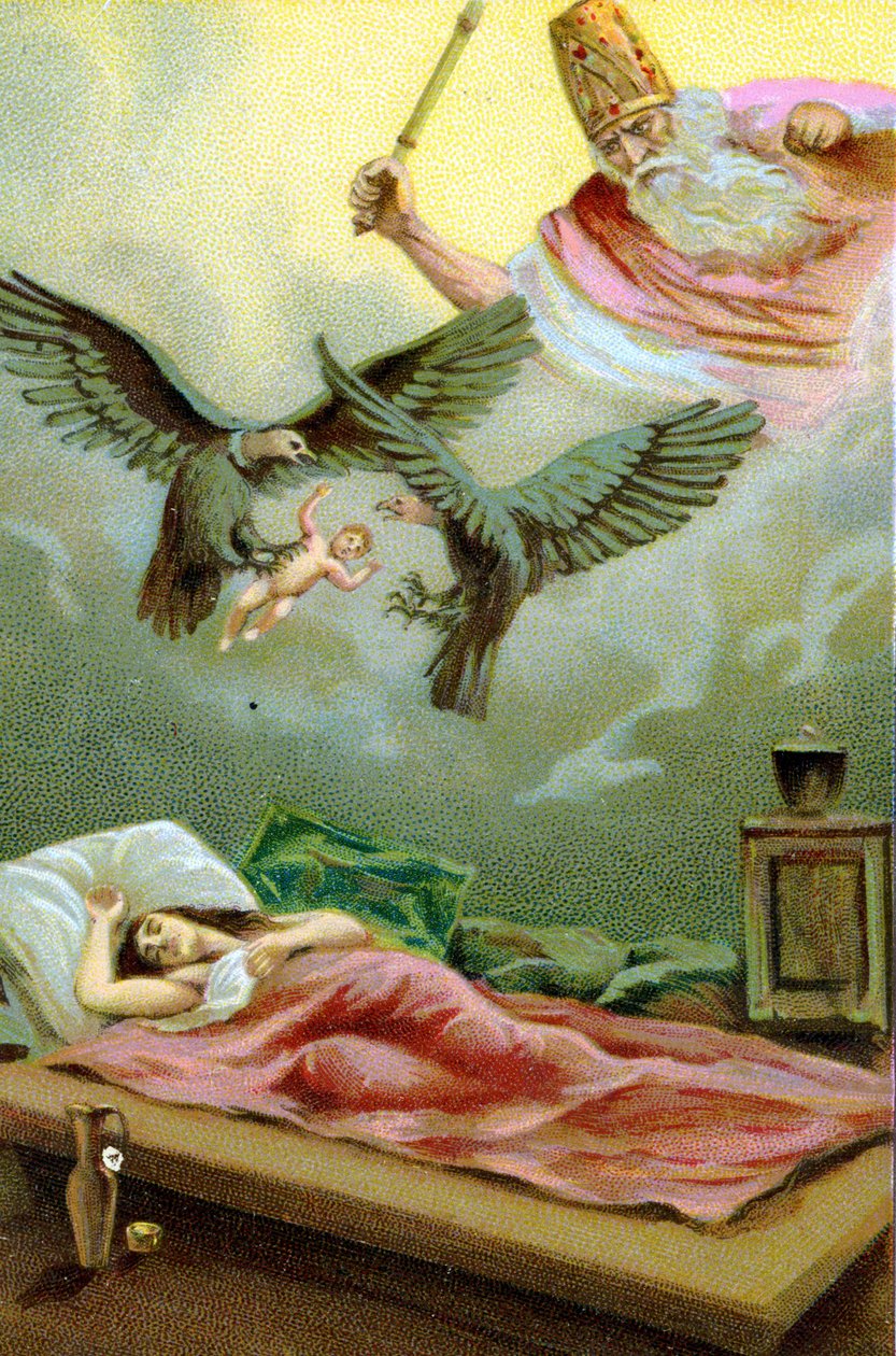 Nacimiento milagroso de Zaratustra, profeta y reformador religioso iraní (siglo VI a.C.). Cromolitografía del siglo XIX de Unknown artist