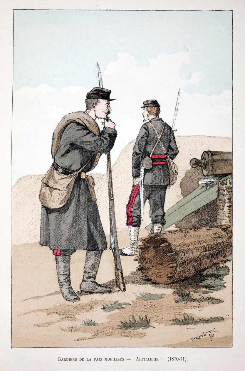 Guardianes de la paz movilizados (1870-1871). Aguafuerte en colores, para ilustración “Historia del cuerpo de los guardianes de la paz” libro publicado bajo los auspicios de Louis Lepine (1846-1933) prefecto de policía de la Sena, por Alfred Rey y Louis Fe de Unknown artist