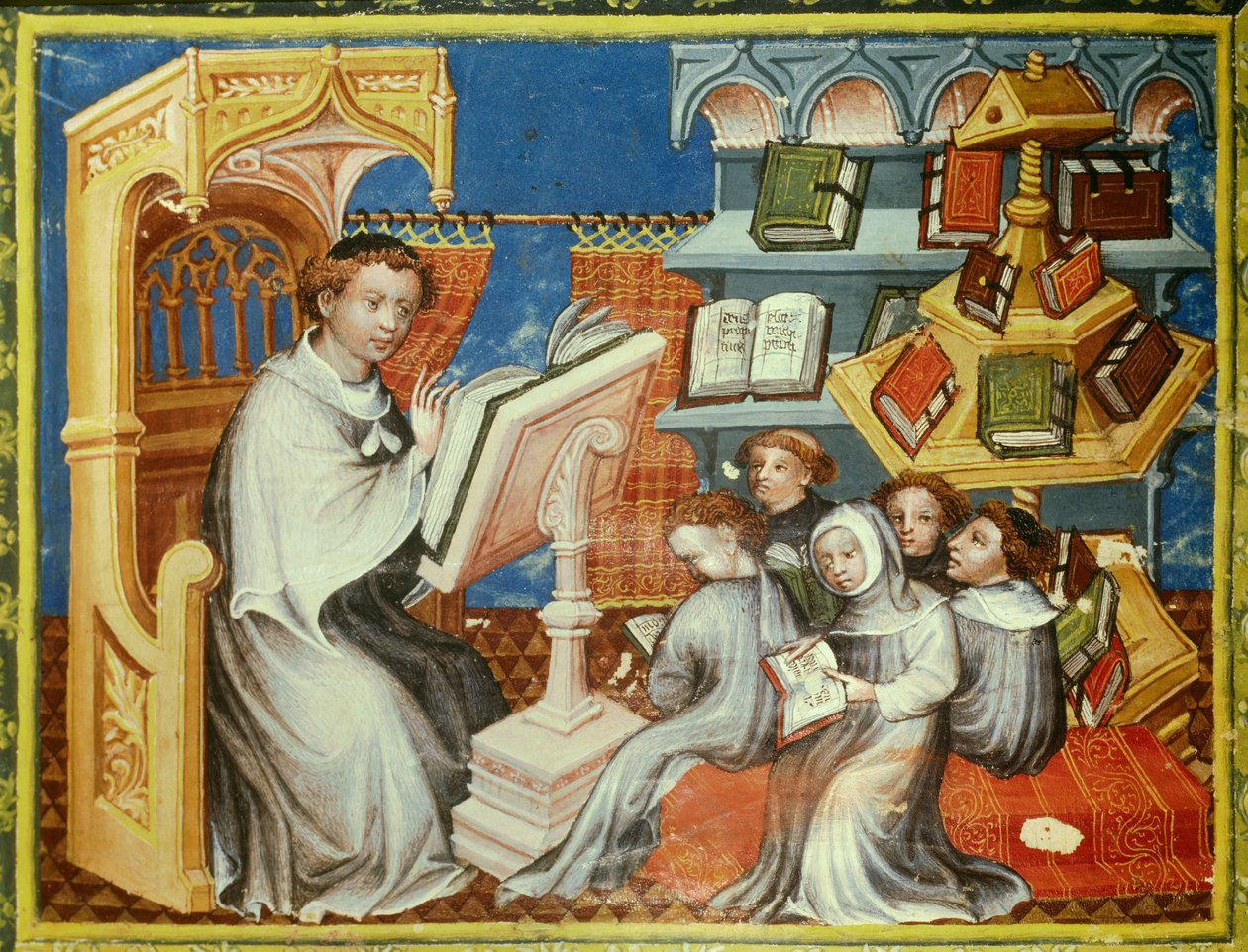 Escuela monástica del convento de los ermitaños de San Agustín en París: un monje en un púlpito lee una lección con adolescentes tonsurados pero también con laicos. A la derecha, una rueda de libra. Miniatura en "biblia historiee" (Biblia historiale) de Pi de Unknown artist