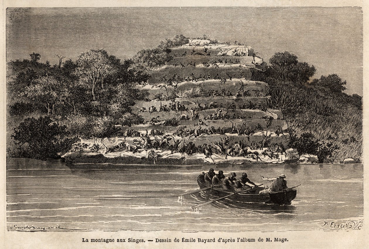 Montaña de los Monos, a lo largo del río Senegal, poco después de las Cataratas de Gouina (Mali). Grabado para ilustrar la historia del viaje del Teniente Mage en el Sudán Occidental entre 1863 y 1866, publicado en "Le tour du monde, nouveau journal des vo de Unknown artist