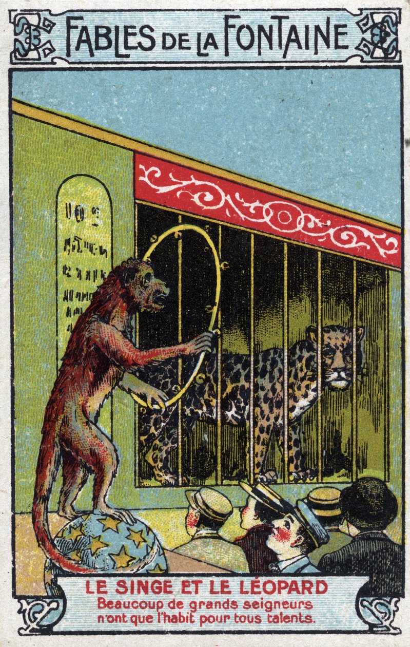 El Mono y el Leopardo - Fábulas de Jean de La Fontaine (1621-95) - Cromolitografía de finales del siglo XIX Colección Privada de Unknown artist