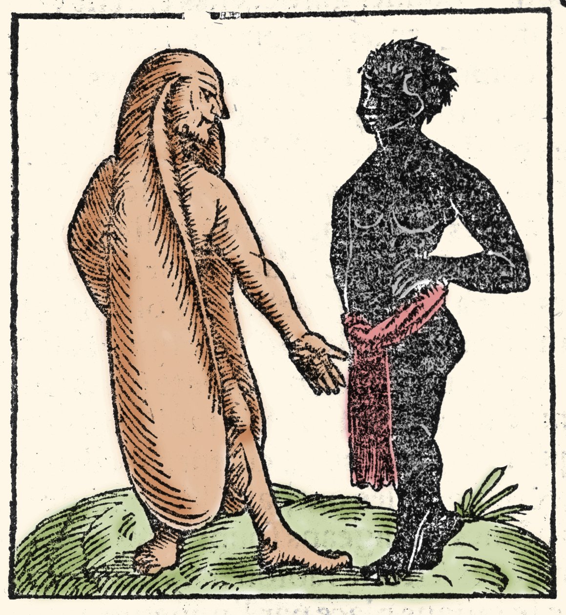 Criaturas monstruosas: dos hombres africanos, uno de ellos con orejas largas para protegerse del sol y el frío. Cuando una situación los intimida, sus orejas les permiten volar. Simbólicamente les permiten escuchar mejor la palabra de Dios. de Unknown artist