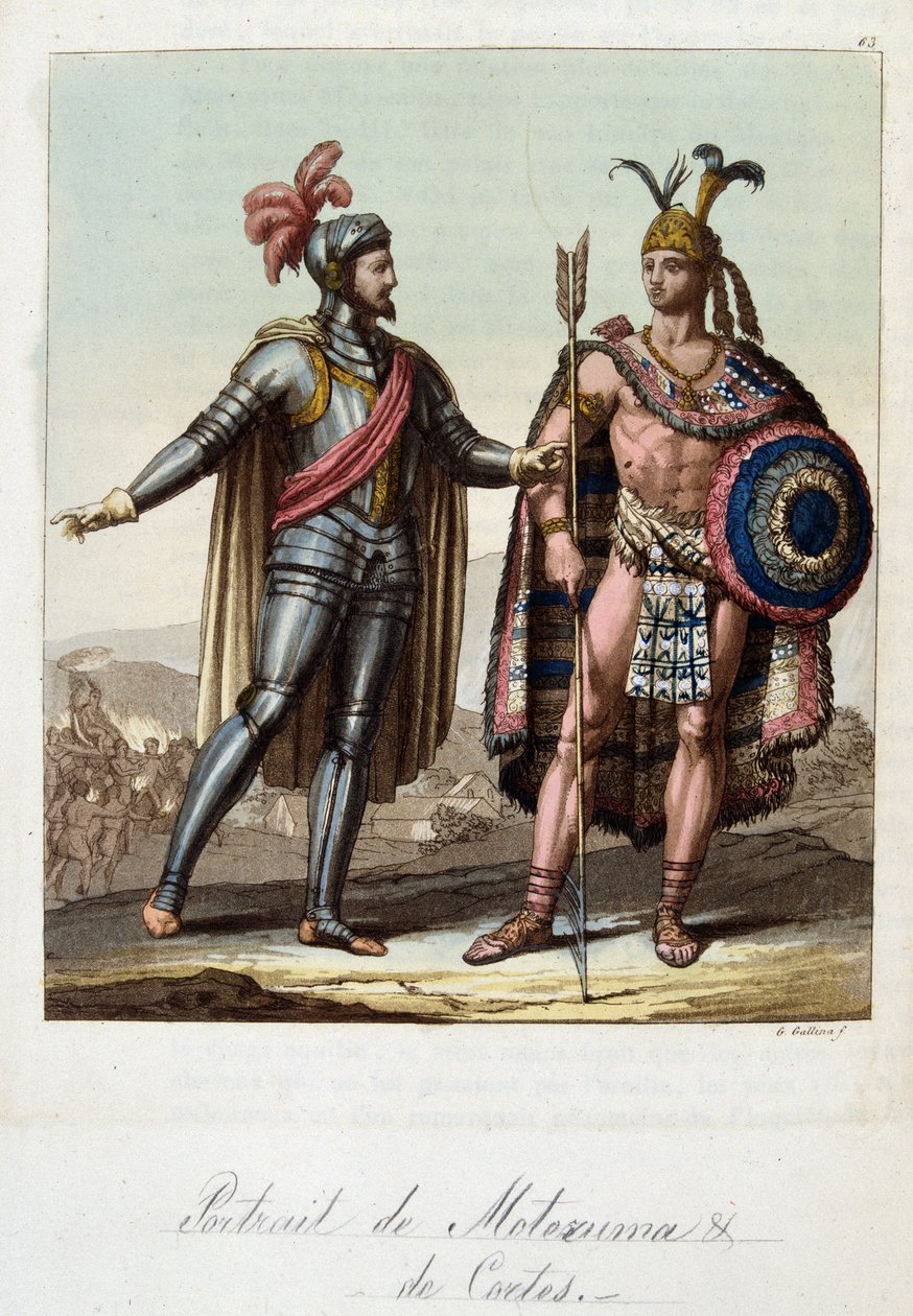 Montezuma II, rey azteca, y Hernán (o Hernando) Cortés o Fernand Cortez ...