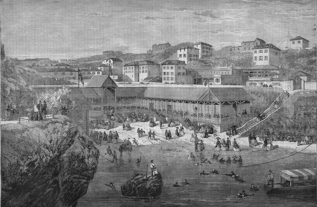 Mañana en los baños de mar de Biarritz en 1867. de Unknown artist