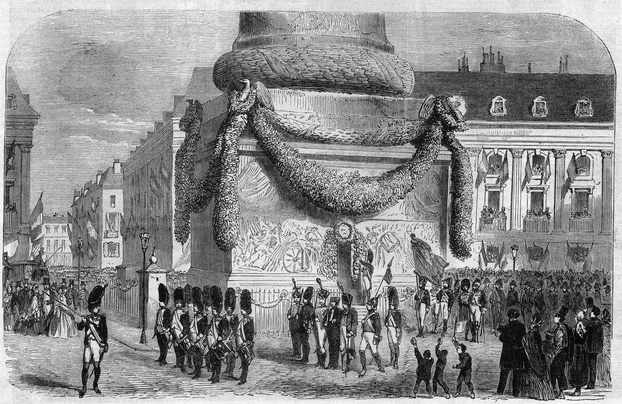 Mañana de la fiesta nacional del 15 de agosto de 1864 al pie de la columna de la Place Vendome en París. Grabado en “The Illustrious Universe” de Unknown artist