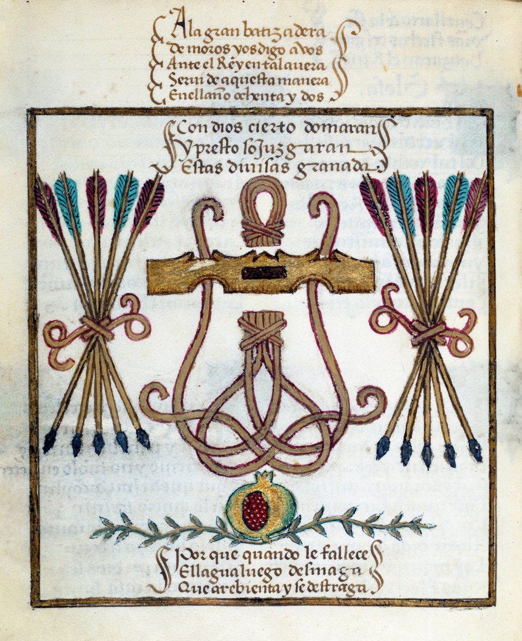 Lema de los Reyes Católicos. Emblema de los Reyes Católicos. Miniatura en “Devocionario de la Reina Da Juana a Quien Llamaron la Loca” por Pedro Marcuello de Unknown artist