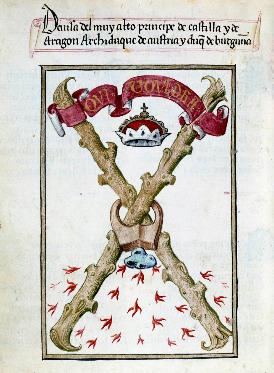 Lema de los Duques de Borgoña. Página de manuscrito tomada de la "Colección de devoción de la Reina Juana la Loca (1479-1555) de España" por Pedro Marcuello ("Devocionario de la Reina Da Juana a Quien Llamaron la Loca") siglo XV Chantilly, Museo Conde de Unknown artist