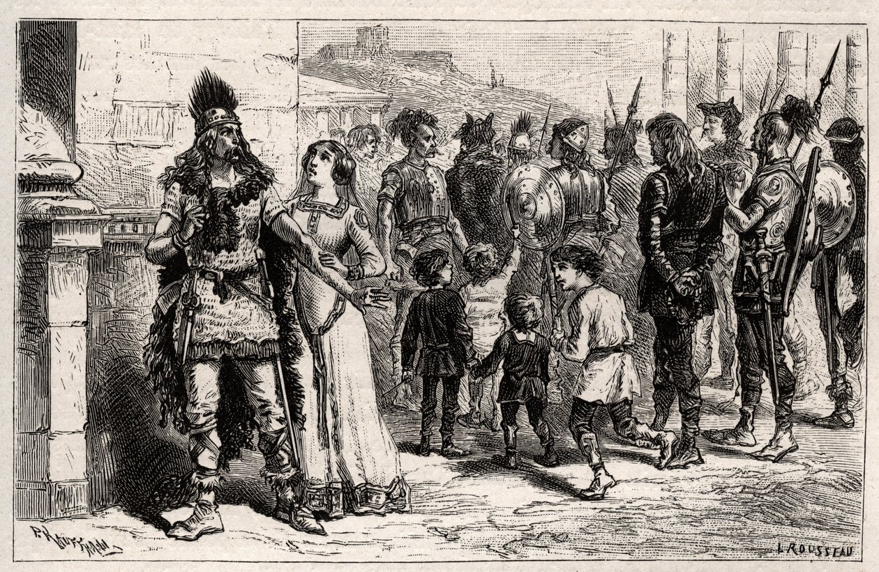 Conmovida por este triste espectáculo, Teodequilda o Tichilde (hija de Thierry I) (muerta en 534) pide la vida y libertad del cautivo - grabado en "Las Mujeres Ilustres de Francia" por Oscar Havard - 1886 de Unknown artist