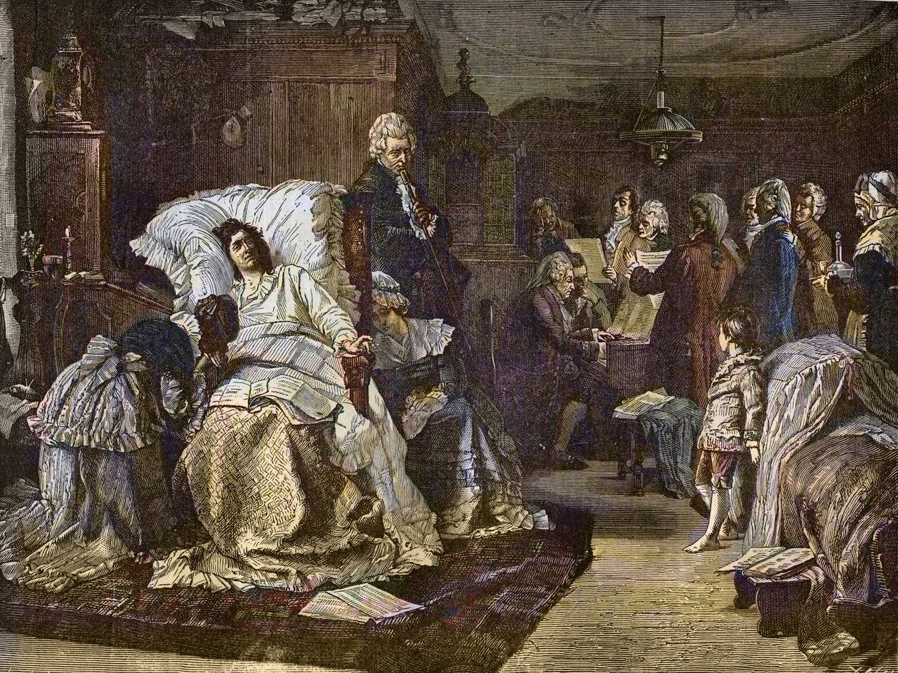 Los últimos días de Mozart después de la pintura de Hermann Kaulbach (1846-1909) - Gli ultimi momenti di Mozart - último día de Wolfgang Amadeus Mozart - grabado en 