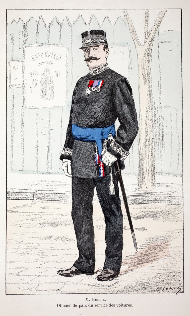 Sr. Roudil, oficial de paz del servicio de coches. Ilustración de “Histoire du corps des gardiens de la paix” de Unknown artist
