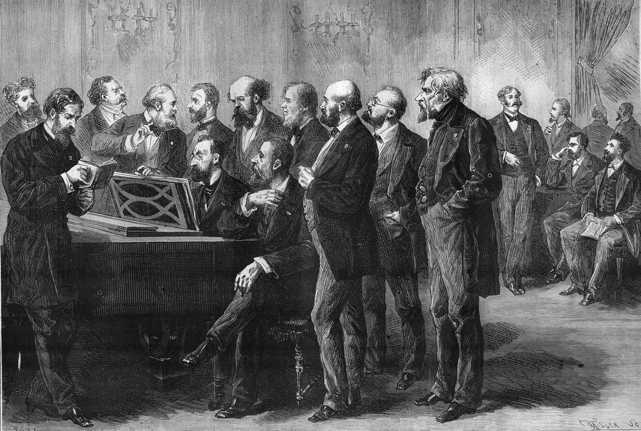 Competencia musical de la ciudad de París en 1878. El jurado en el Palais du Luxembourg examinando las partituras de “Paraíso perdido” y “Mug”. De izquierda a derecha: Colonne, Perrin, Cherouvrier, Gounod, Boulanger, Camille Saint-Saëns, Lenepveu, Vaucorbe de Unknown artist
