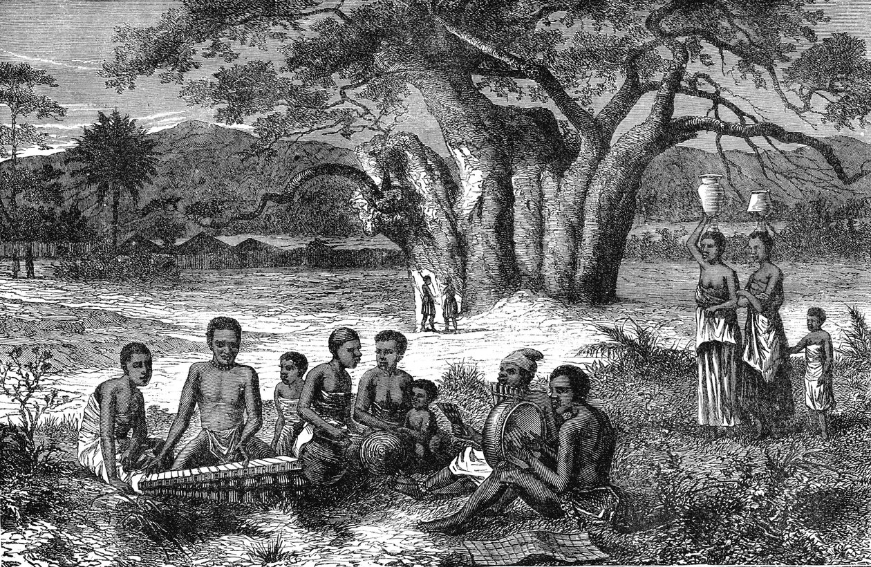 Músicos de las orillas del río Zambeze, África. Grabado 1885 de Unknown artist