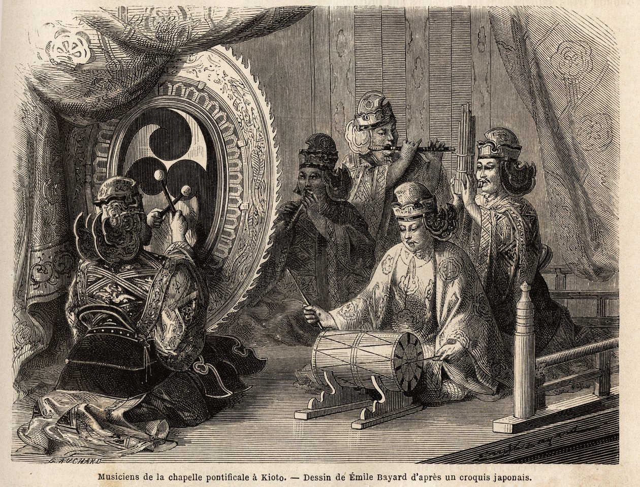 Músicos de la capilla pontificia en Kioto, tocando cinco instrumentos sagrados, flauta traversa y flauta de pan, caracola marina, timbales y kakdaiko, el gong original. Grabado para ilustrar el viaje a Japón en 1863-1864, por Aime Humbert, ministro de la C de Unknown artist