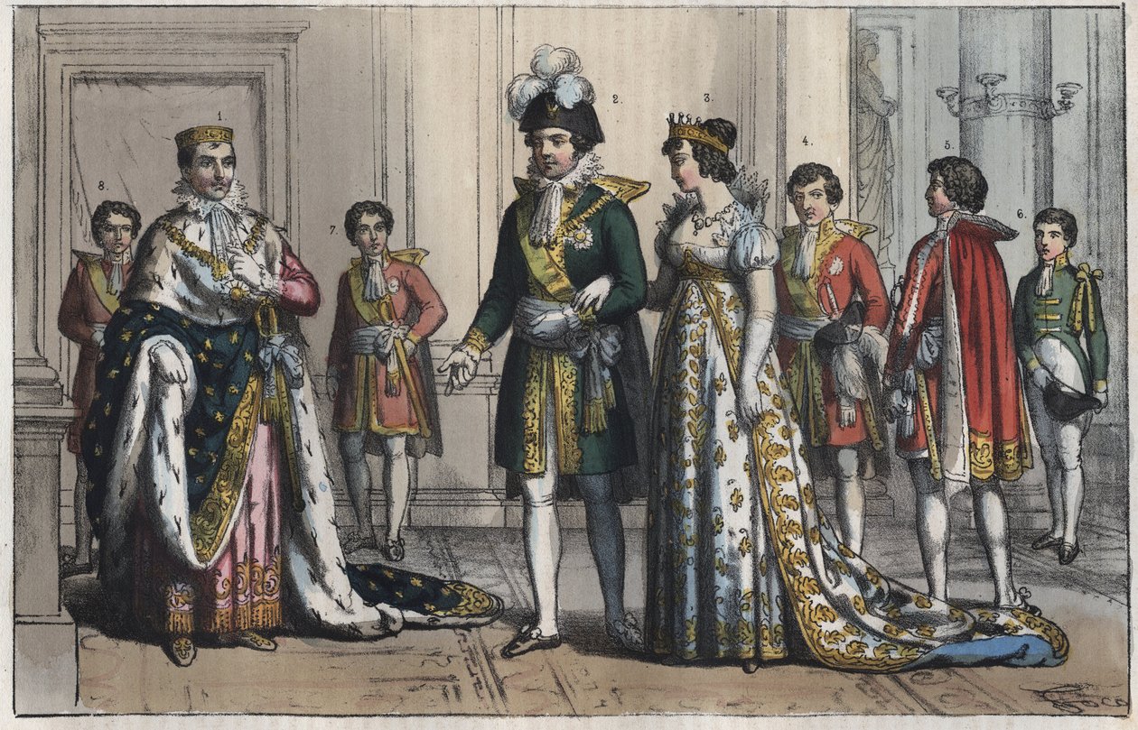 Napoleón Bonaparte (1769-1821), como Rey de Italia - Virrey - esposa del virrey - Mayordomo - Lord Chambelán - Paje - escudero - maestro de ceremonias - grabado de 