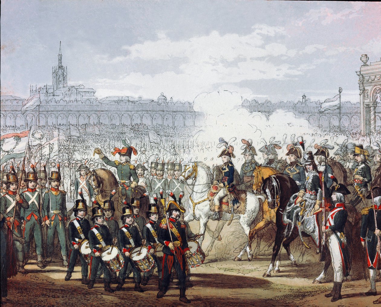 Napoleón Bonaparte (1769-1821) revisa la legión lombarda y cispadana de la milicia el 09/07/1797. Grabado en acuarela. Milán, Museo del Risorgimento de Unknown artist