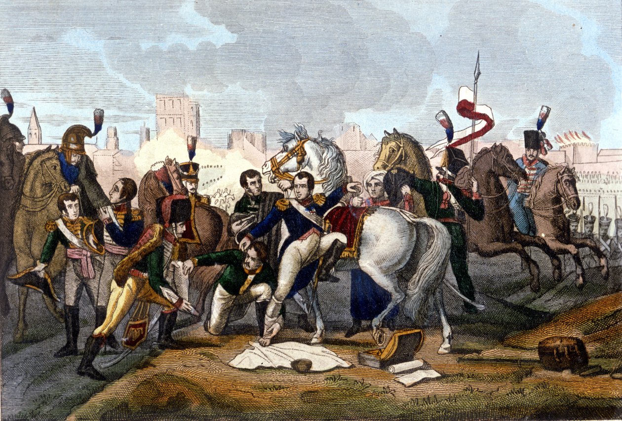 Napoleón I herido frente a Ratisbona el 23 de abril de 1809. Grabado del siglo XIX de Unknown artist