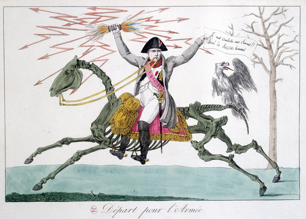 Napoleón: caricatura de un hombre guerrero en un esqueleto de caballo - en 