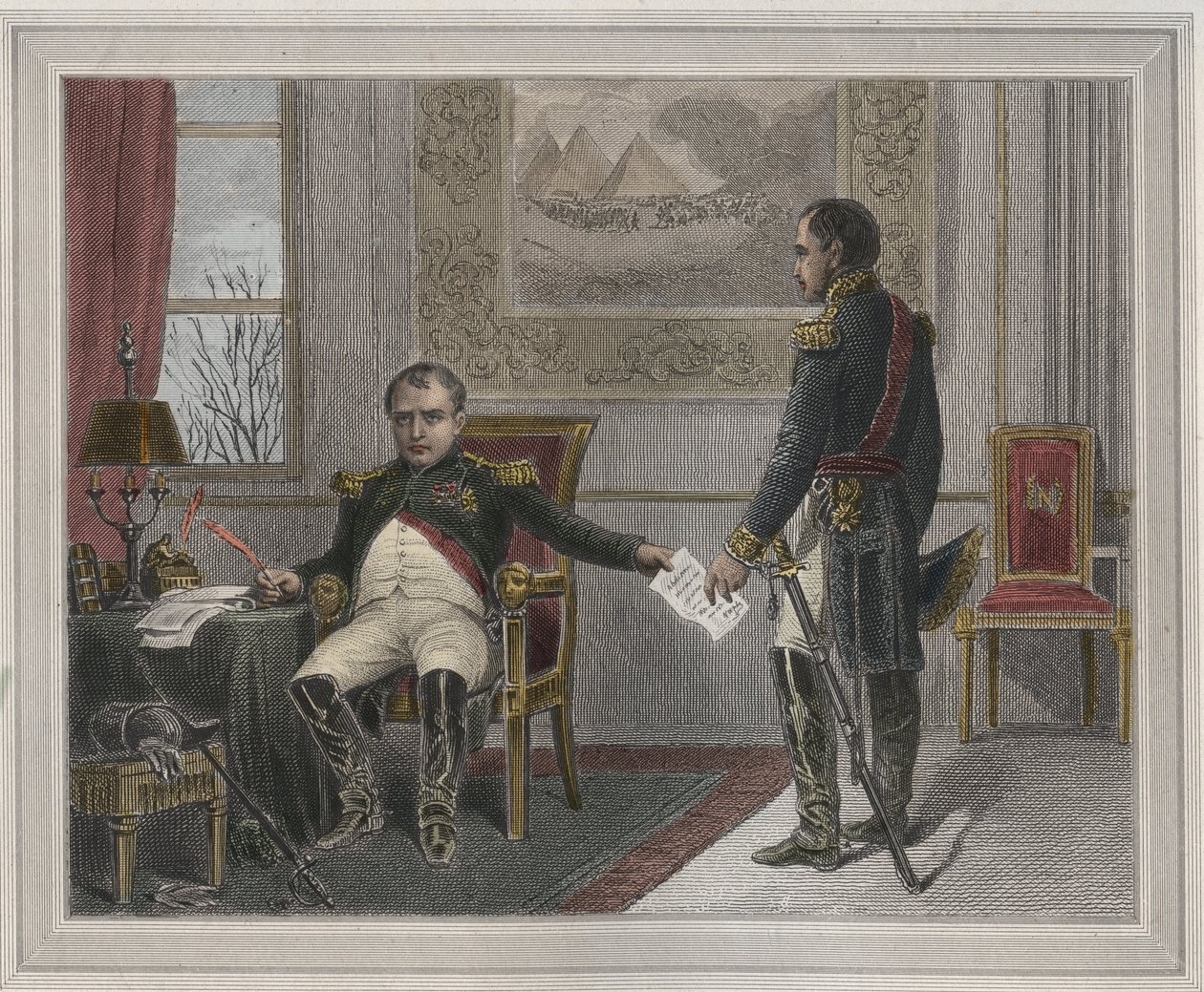 Napoleón firmando su abdicación en 1814 - Napoleón Bonaparte (1769-1821) en Fontainebleau durante su primera abdicación, firmada en abril de 1814. Grabado en "Les Fastes populaires, ou Histoire des actes héroïques du peuple et de su influencia sur las cien de Unknown artist