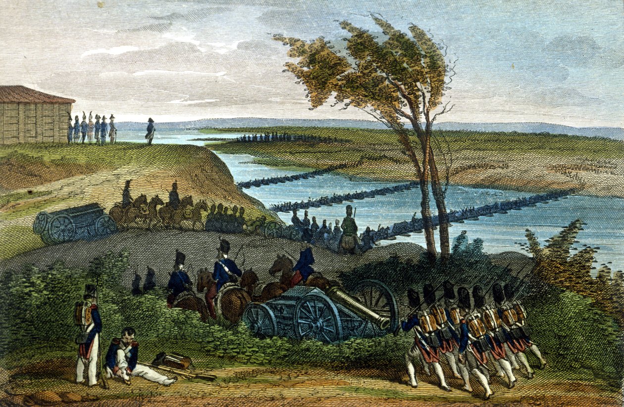 Guerra Napoleónica: Campaña Rusa. Paso del río Niemen (Dnjemen) el 24/06/1812, que separa los dos imperios. Grabado del siglo XIX de Unknown artist